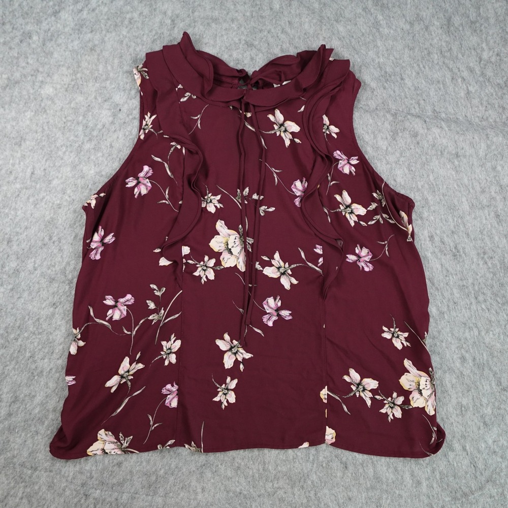 Lauren Conrad Top Women Extra Large Burgundy Floral Ruffle Sleeveless Blouse